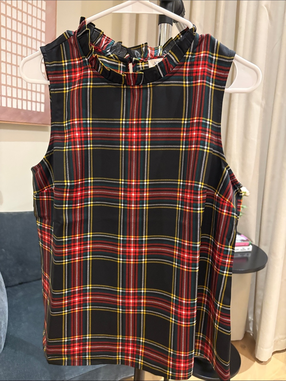 J. Crew Black Plaid Sleeveless Ruffle-Neck Top